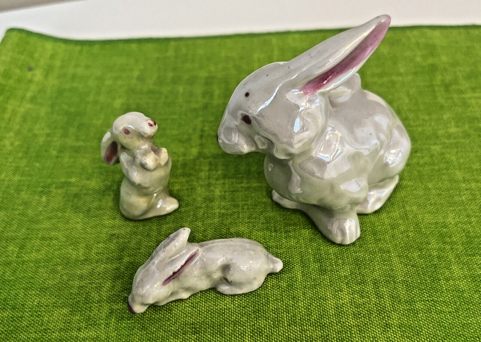 3 Bunny Rabbit Figures Small Glazed Porcelain Japan Decorative Bunny Family