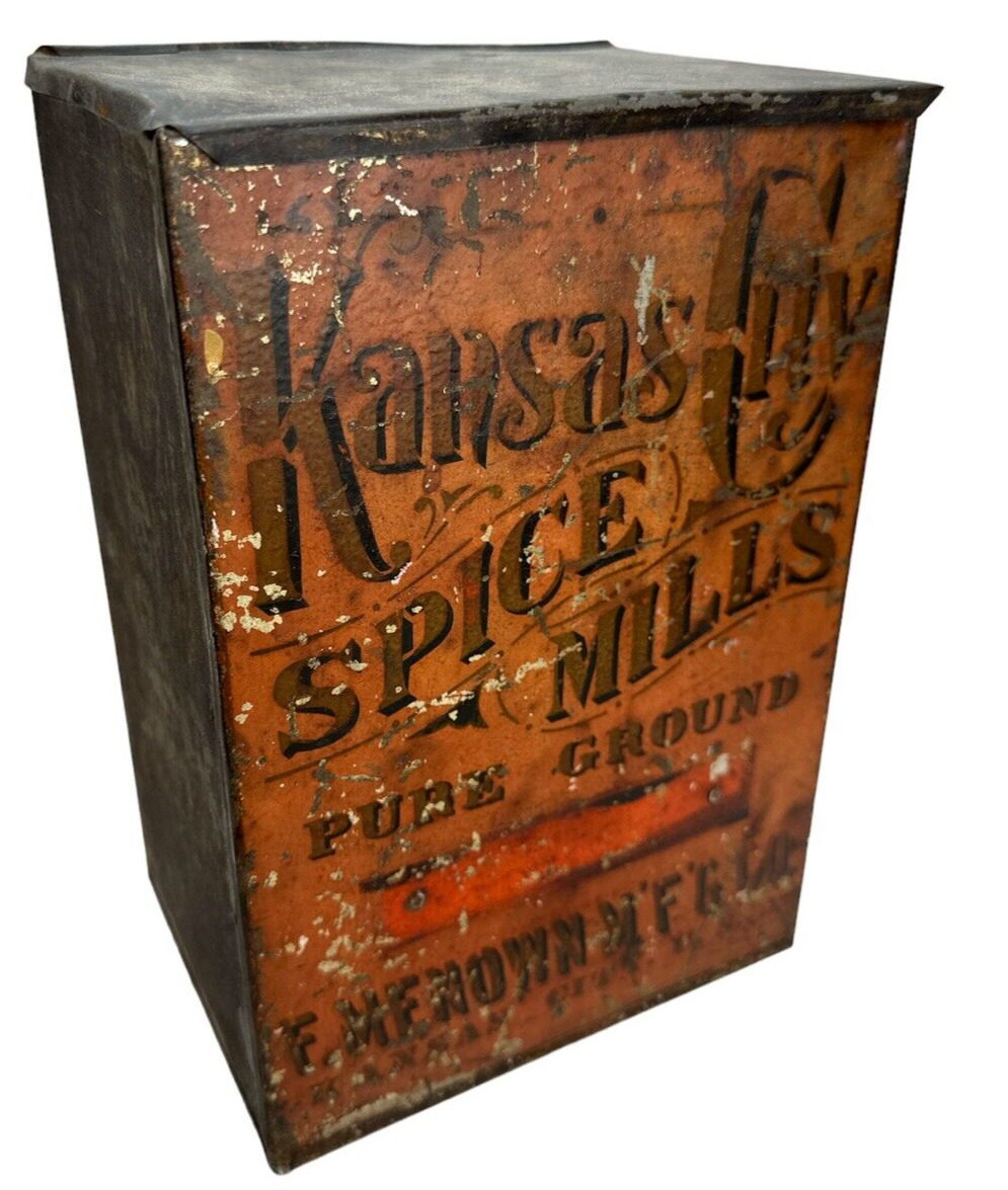 Antique Kansas City Spice Mills F. Menown MFG Co Large Tin Box Circa 1880s Rare