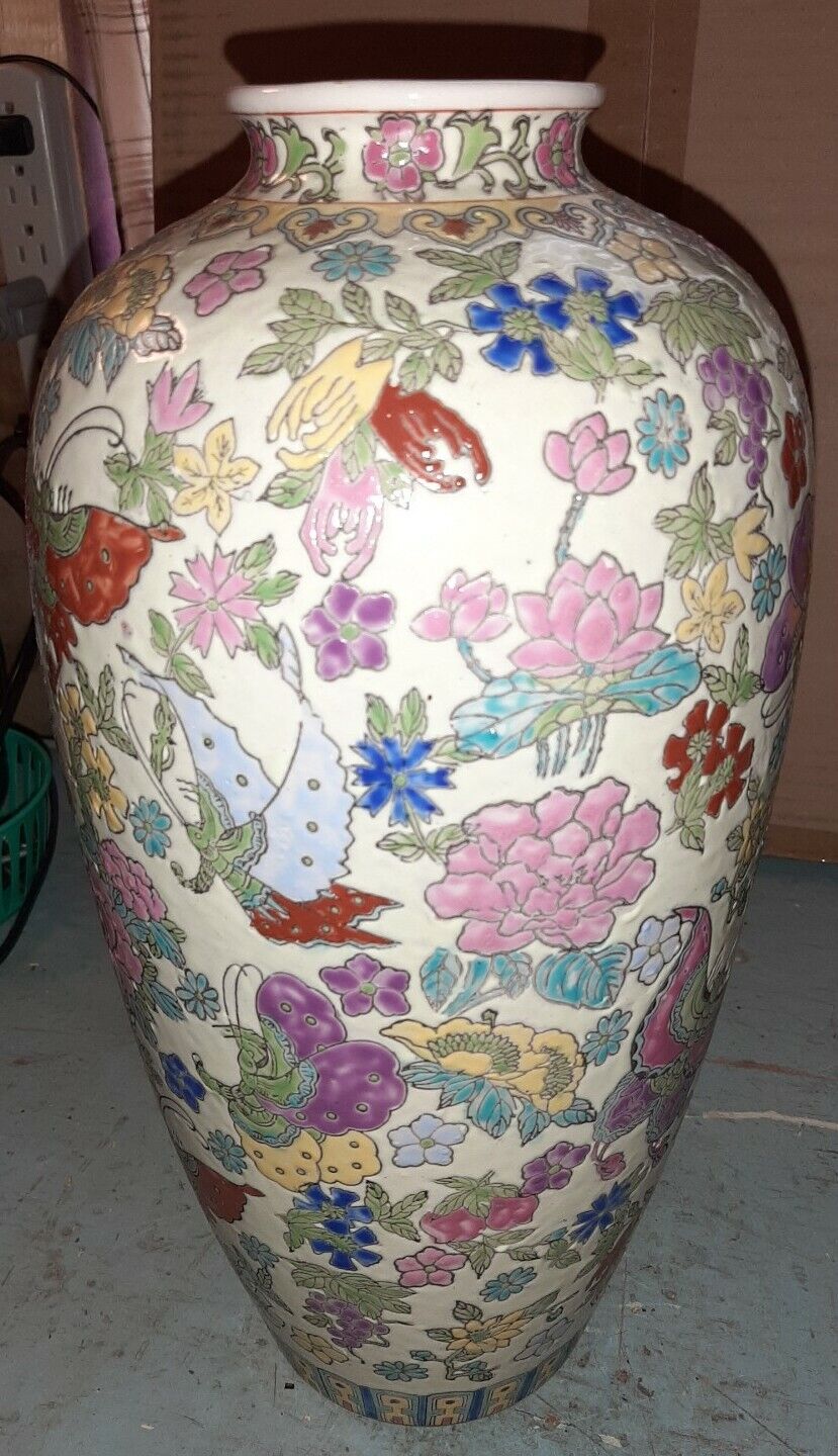 GORGEOUS Colors ASIAN Porcelain Pottery Vase Raised Butterflies Signed