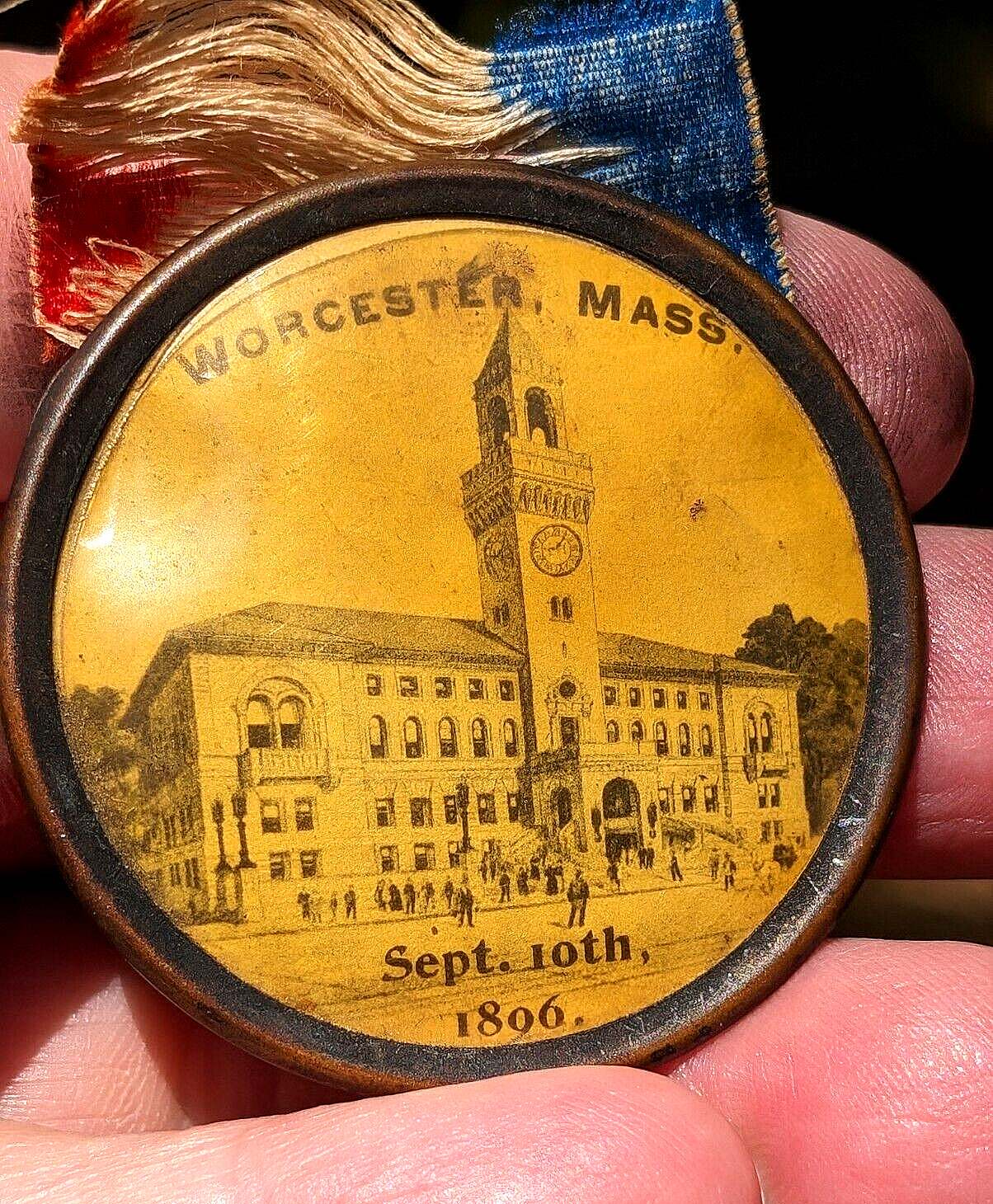 WORCESTER, MASSACHUSETTS  Sept 10, 1896 Antique Souvenir Badge Ribbon CITY HALL