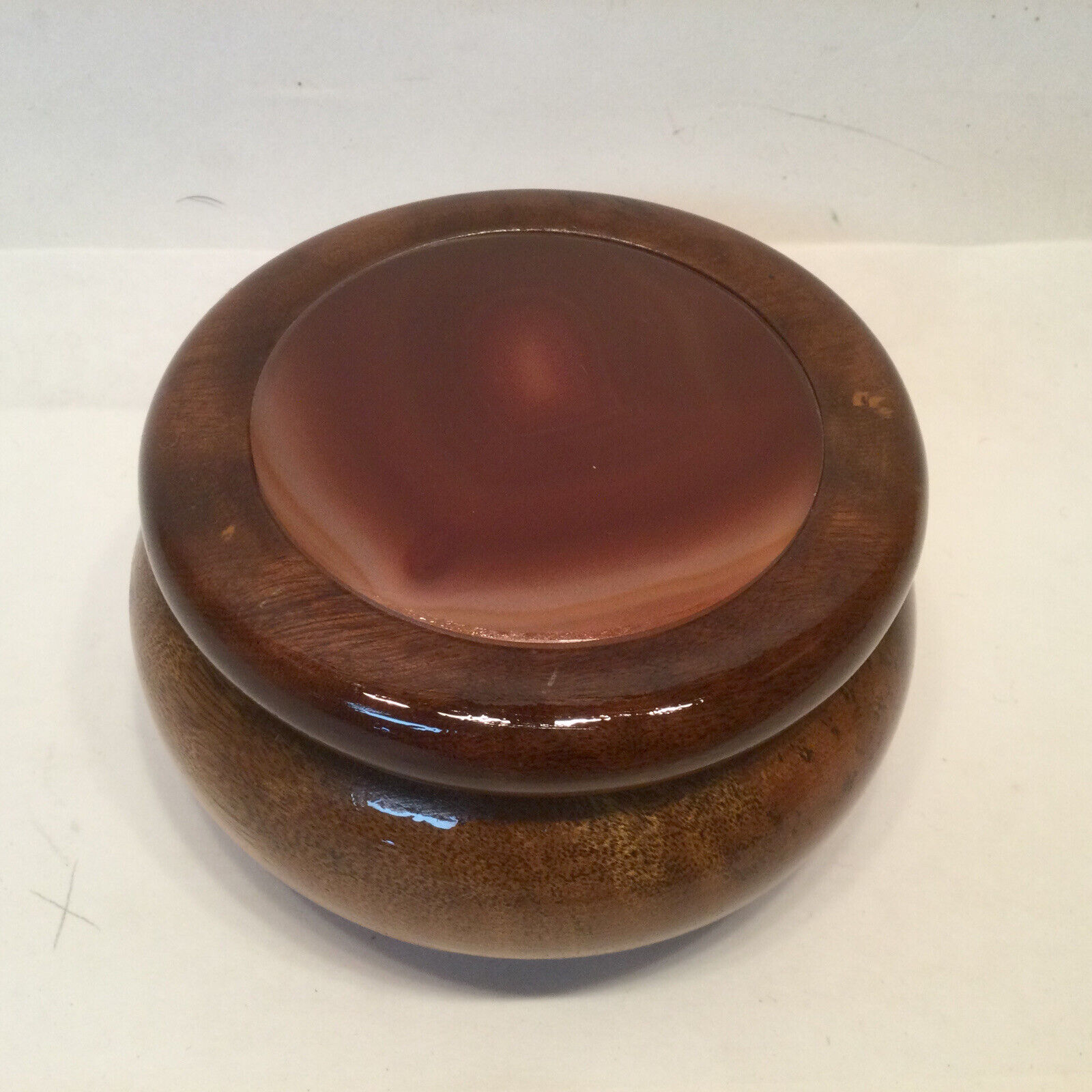 Vintage Hand Crafted Mahogany Trinket Box w/ Agate Inlay Lid - Made in Brazil