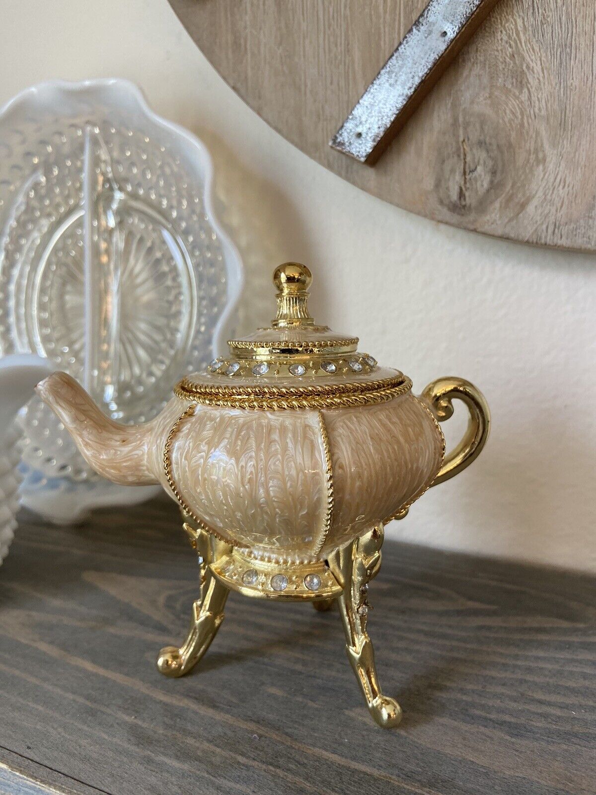 Vtg cloisonné enameled teapot music box  embellished rhinestones  Victorian