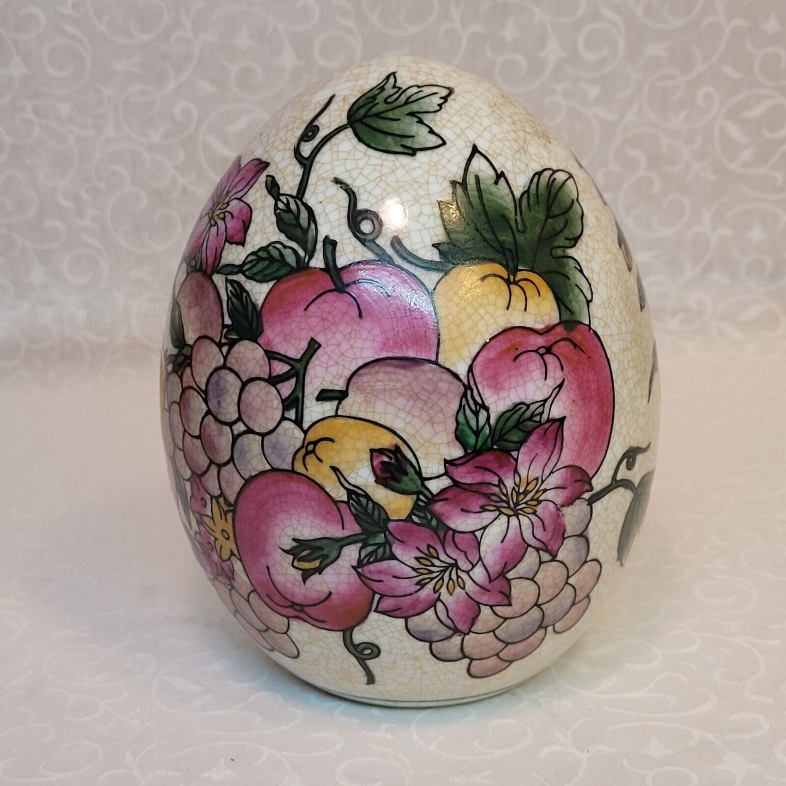 Vintage Large Porcelain Enamel Egg with Floral And Fruit Motif Design 6\