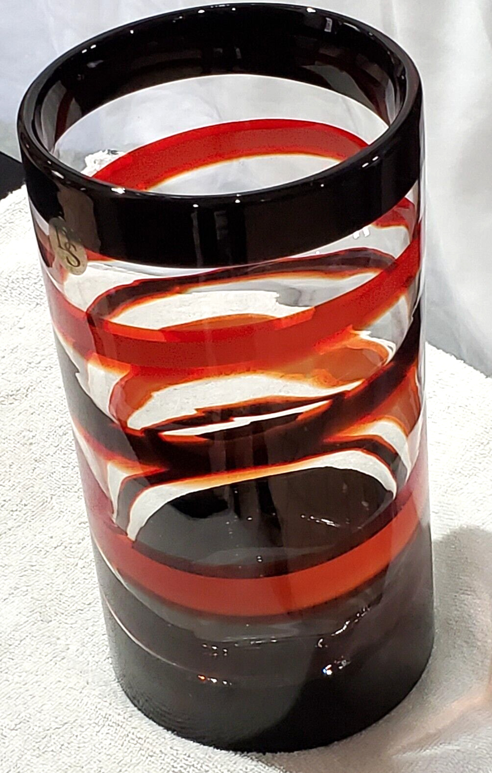 DS Studio Large Hand Blown Art Glass Style Black/Orange Spirals Tall Vase