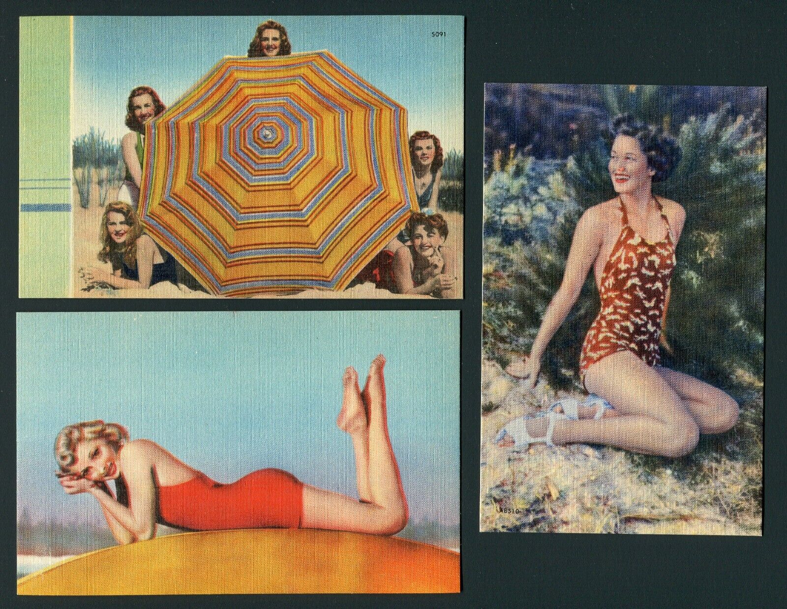 Ca. 1940\'s Lot of 3 Linen Postcards Girls on the Beach - Asheville Postcard Co.