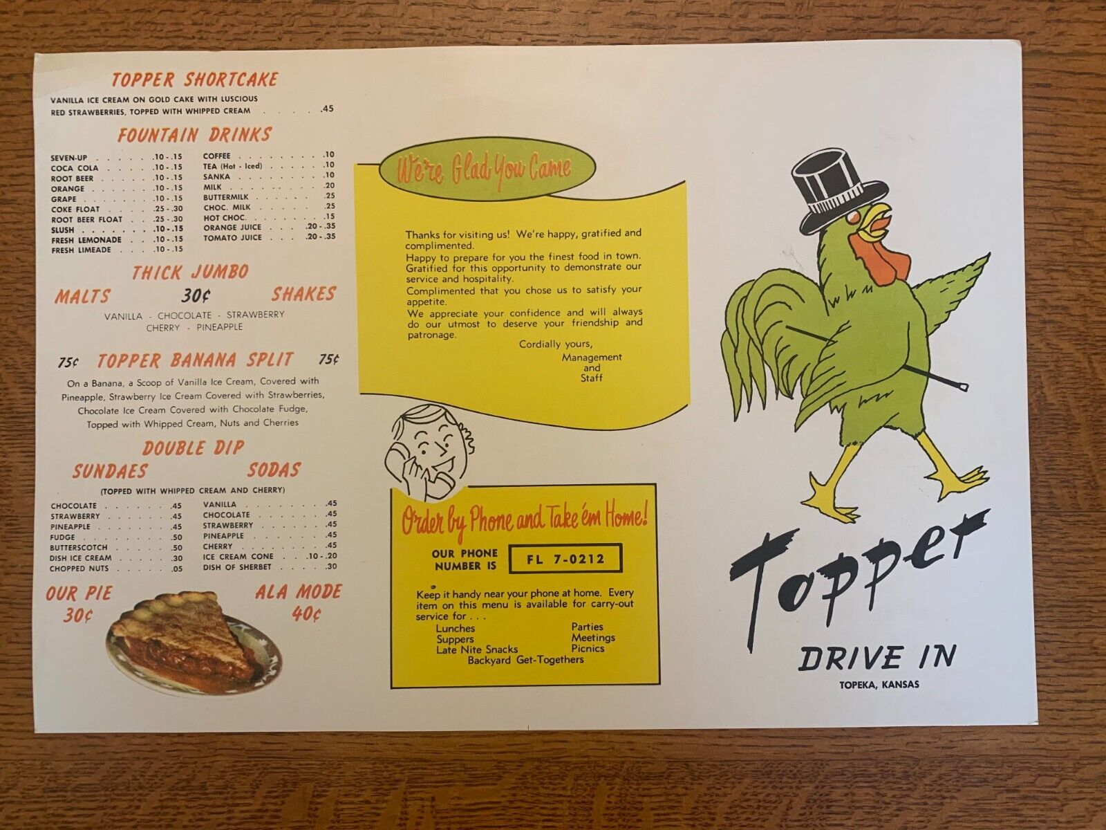 vintage menu from Big Topper Drive In restaurant Topeka Kansas