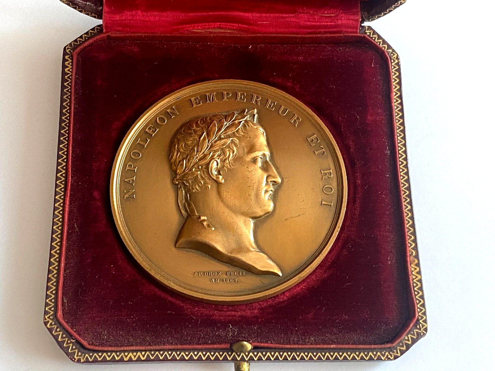 Rare Antique Bronze Medal Plaque Napoleon Empereur Et Roi DROZ 1809 with Box