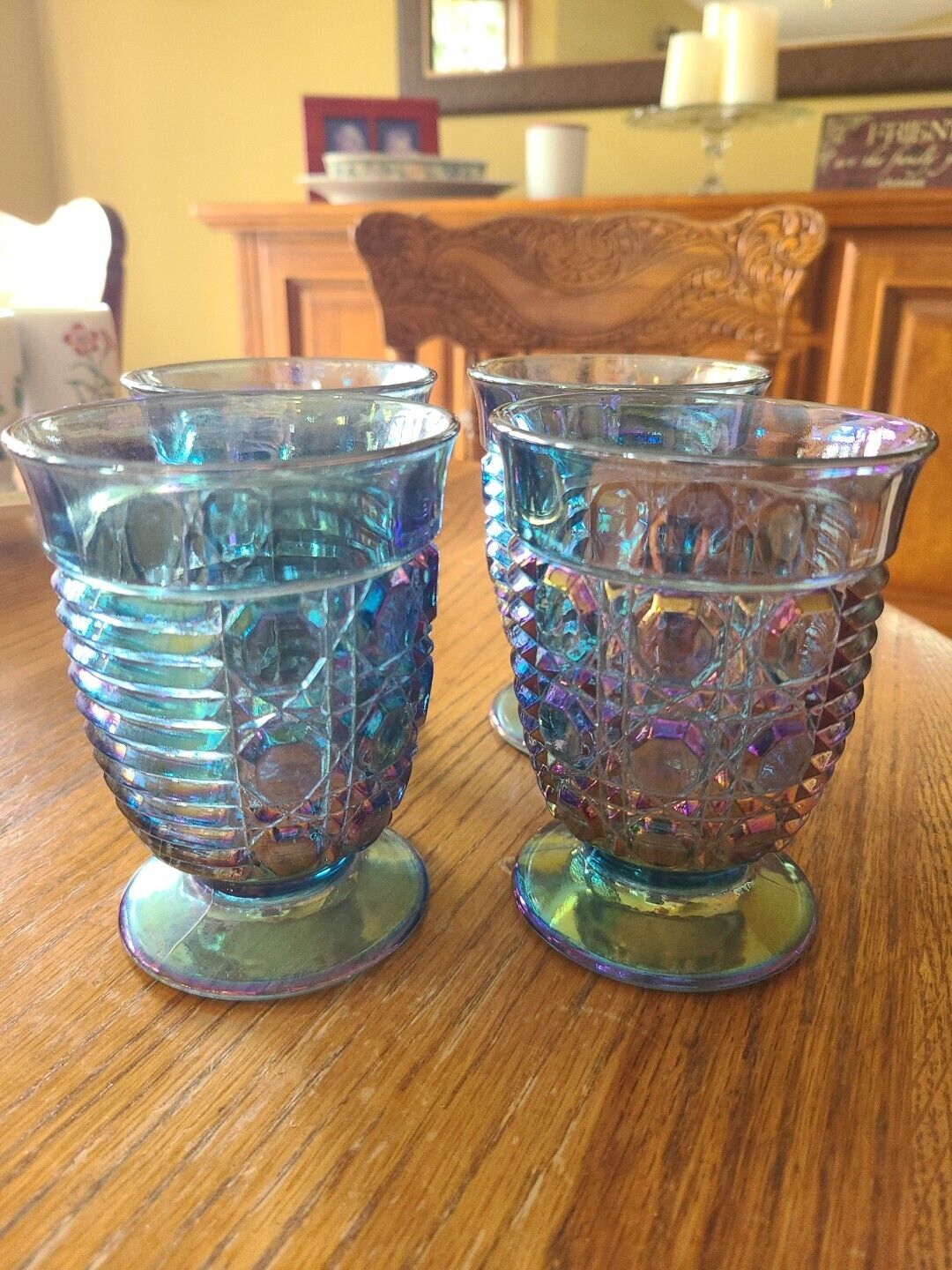 Lot of 4 Indiana Glass Windsor Blue Carnival Glass Footed Juice Glasses