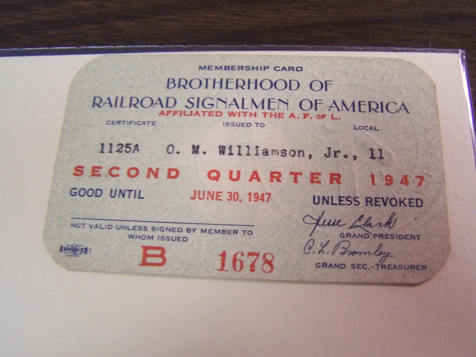 1947 BROTHERHOOD OF RAILROAD SIGNALMEN OF AMERICA - MEMBERSHIP CARD - EXCELLENT 
