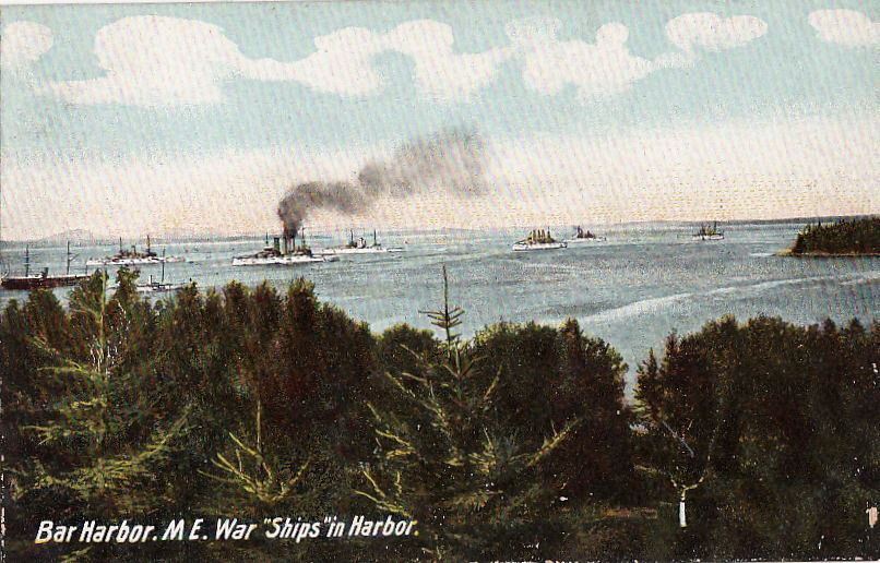  Postcard ME War Ships in Harbor Bar Harbor ME 