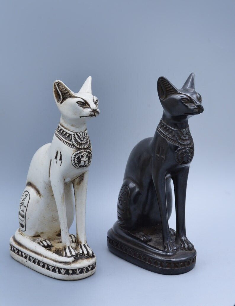 statue of Egyptian goddess Bastet Cat (2 color) Black / White heavy solid stone