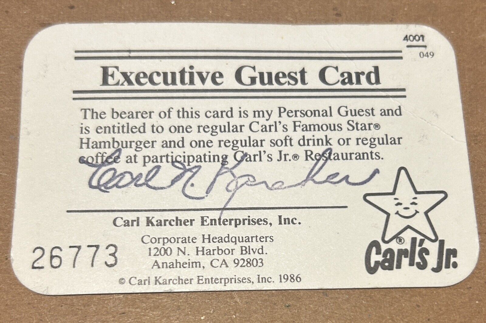 Carls Jr. Executive Guest Card Signed by Carl Karcher - Souvenir Autograph