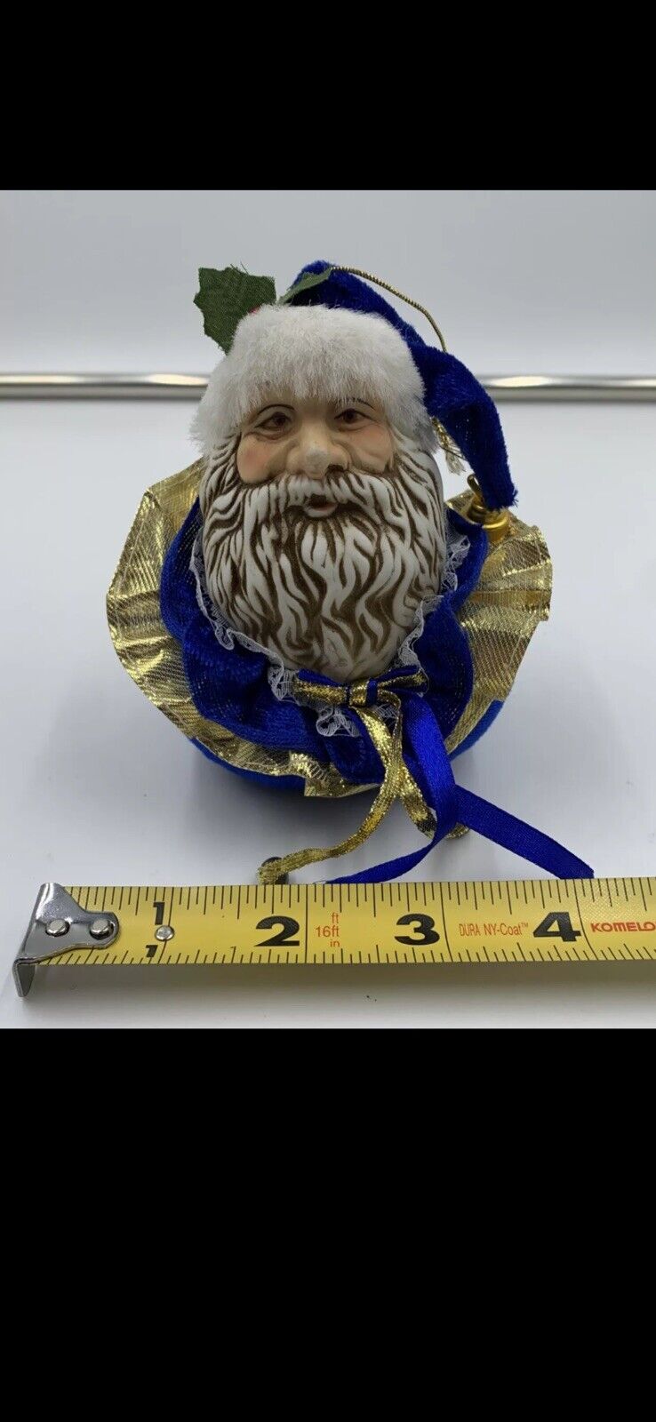 Vtg Hand Painted Blue & Gold Ceramic Santa Old World Father Christmas Ornament