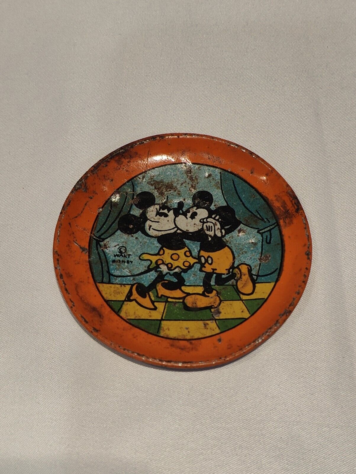 Vintage Disney Metal Mickey Mouse & Minnie Small Plate Child Miniature 2 5/8”