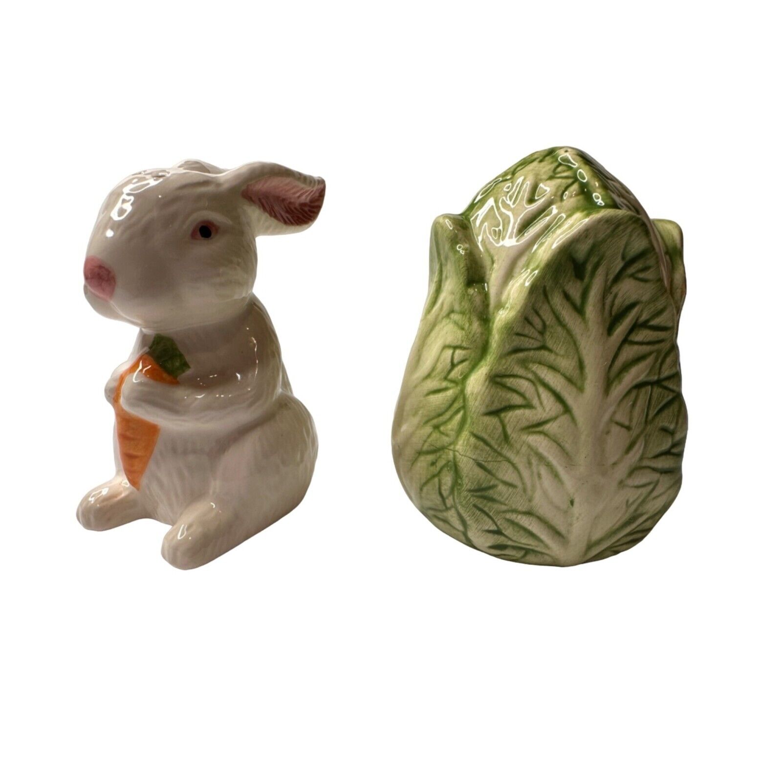 Vintage Porcelain Bunny Cabbage Springtime Salt & Pepper Shakers Original Box