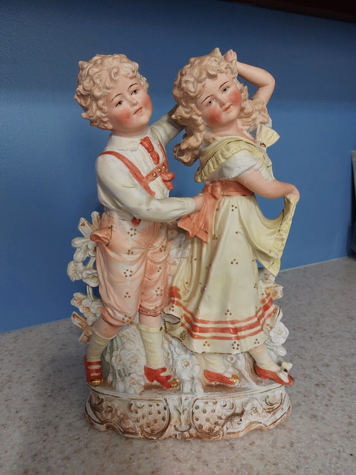 Antique German Carl Schneider Bisque Porcelain Figurine Boy and Girl 19th cent.