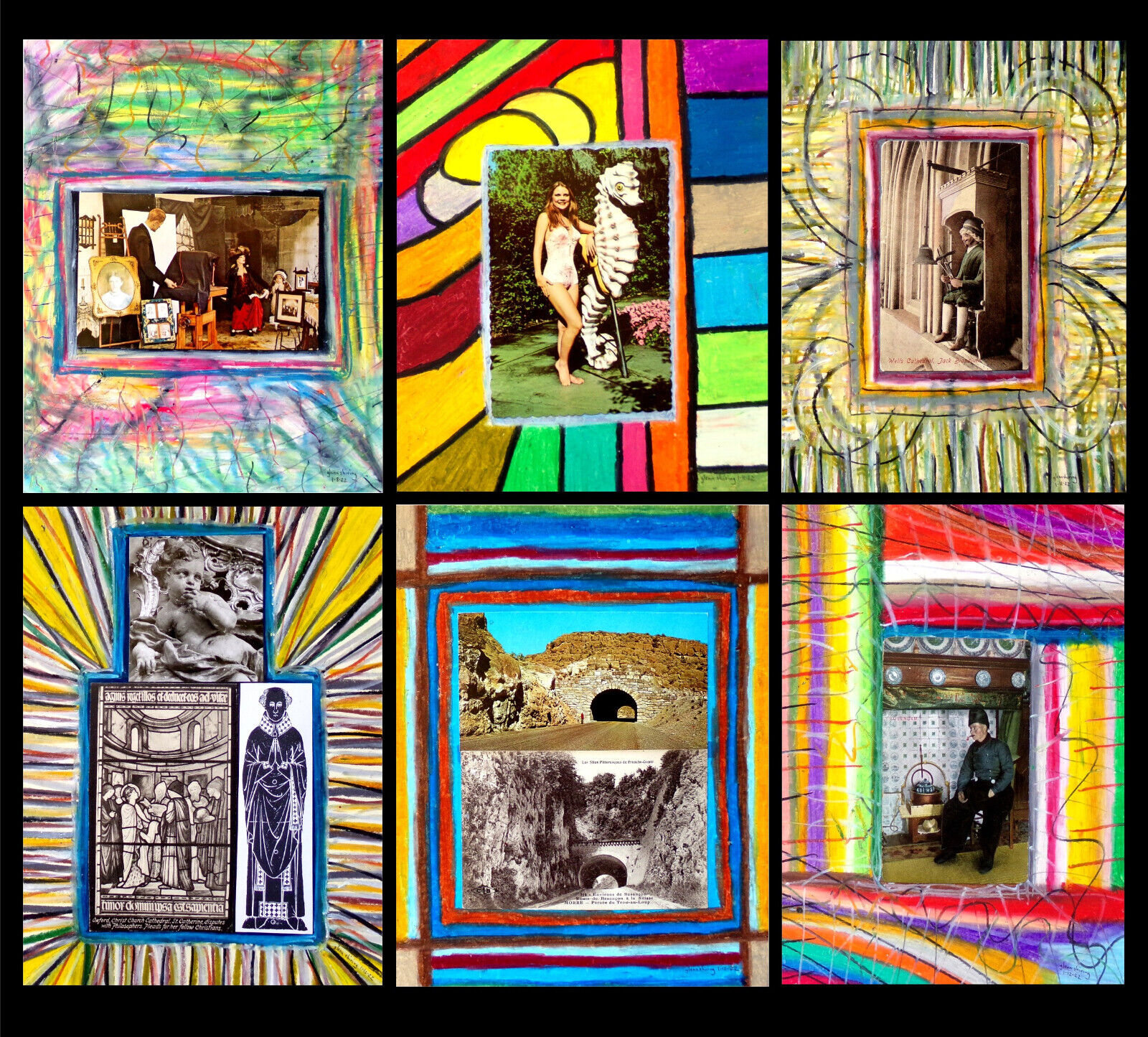 ONE-OF-A-KIND SET: Original Art Drawing 6X Vintage Postcard Collage Lot RARE ODD