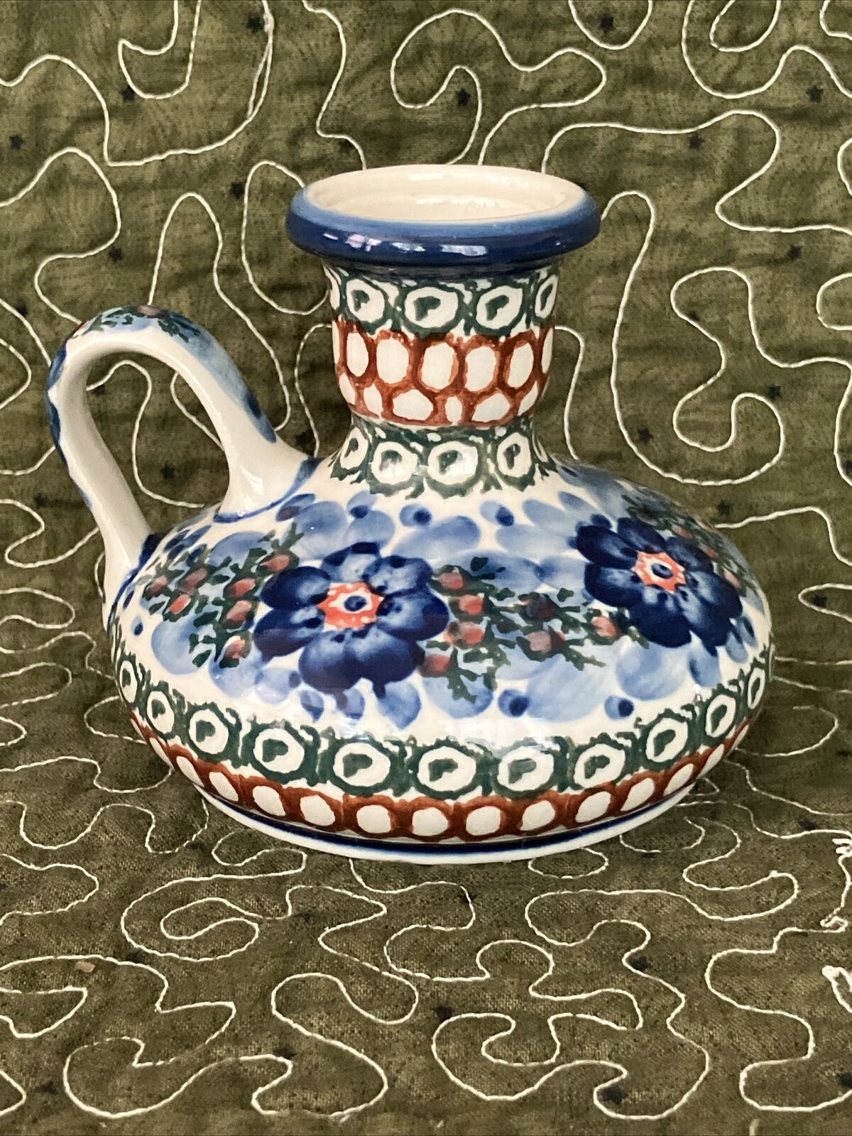 Unikat Boleslawiec Polish Pottery Candle Holder w/handle 53-6 Artist Signd 3.5\