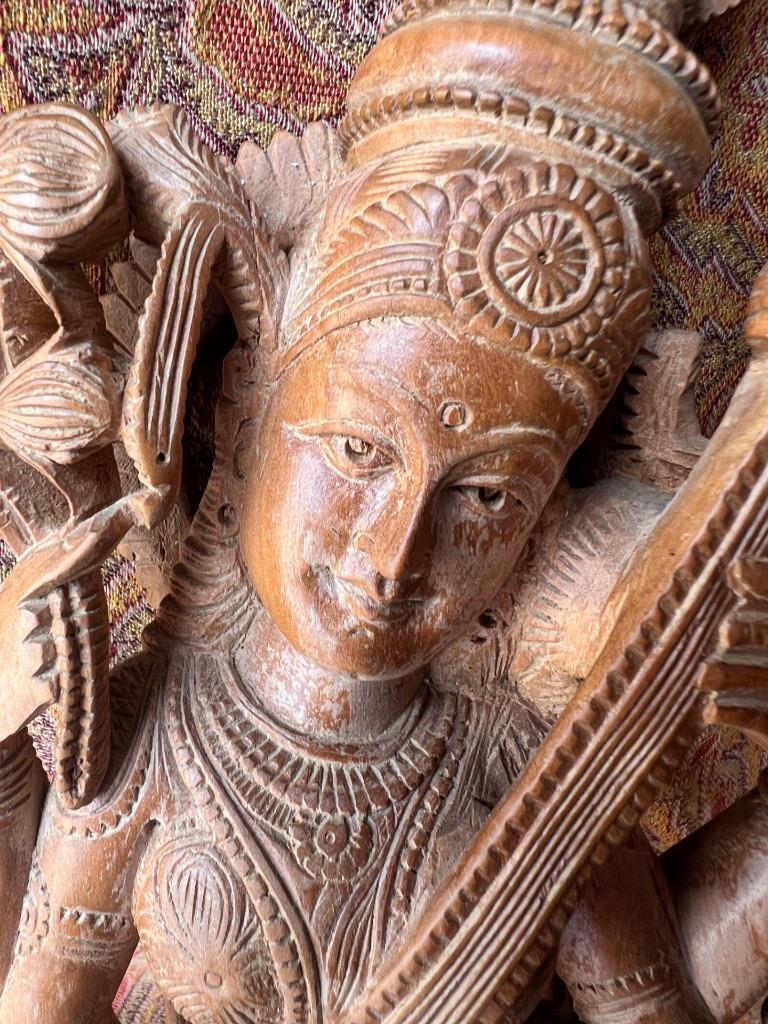Old Vintage Wood Carving Sandalwood Carved Rare HINDU Goddess Saraswati Statue