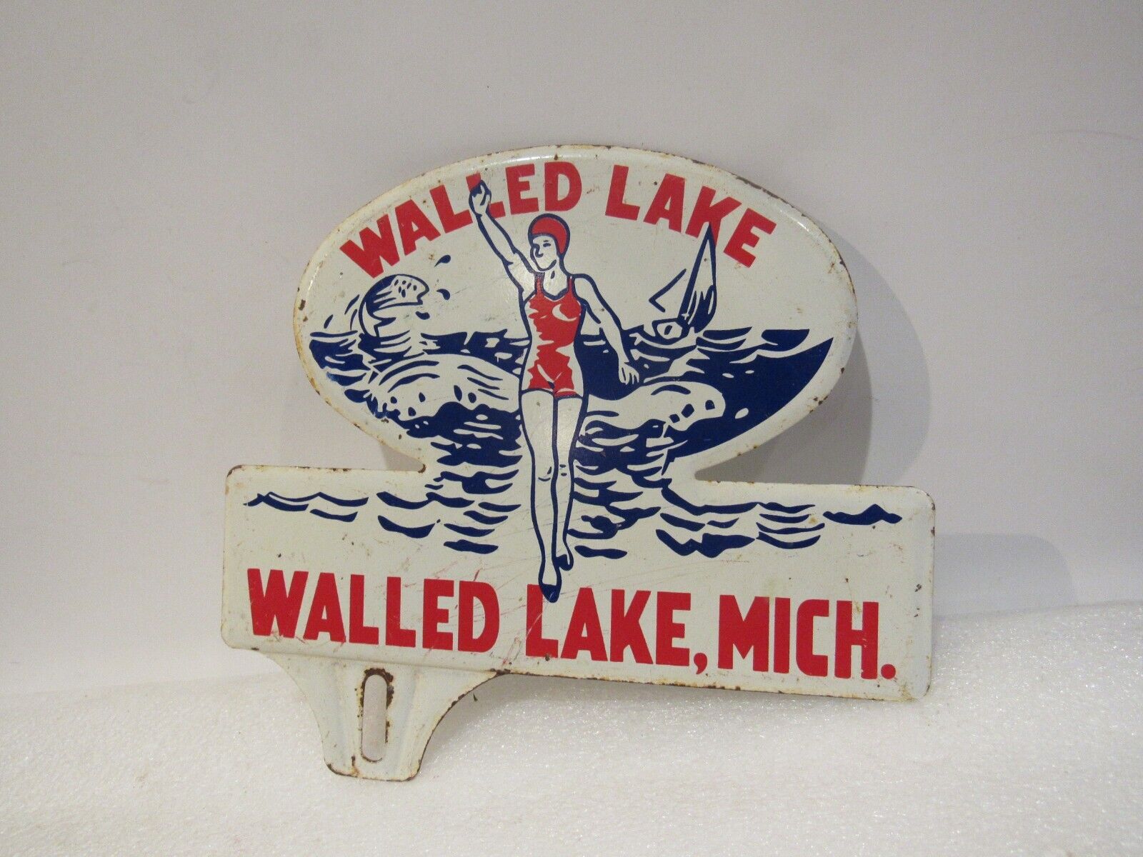 Vintage Walled Lake Michigan Metal License Plate TOPPER Swimmer Girl Boat Fish