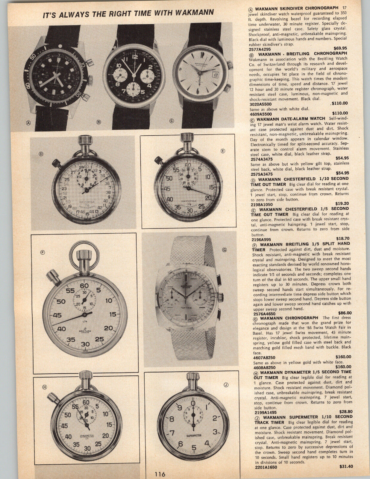 1969 PAPER AD Wakmann Breitling Chronograph Timer Wrist WatchSkindiver Alarm