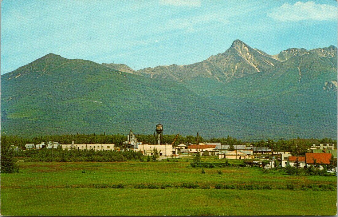 View of Beautiful Chugach Mountains and City of Palmer Alaska Vintage Postcard