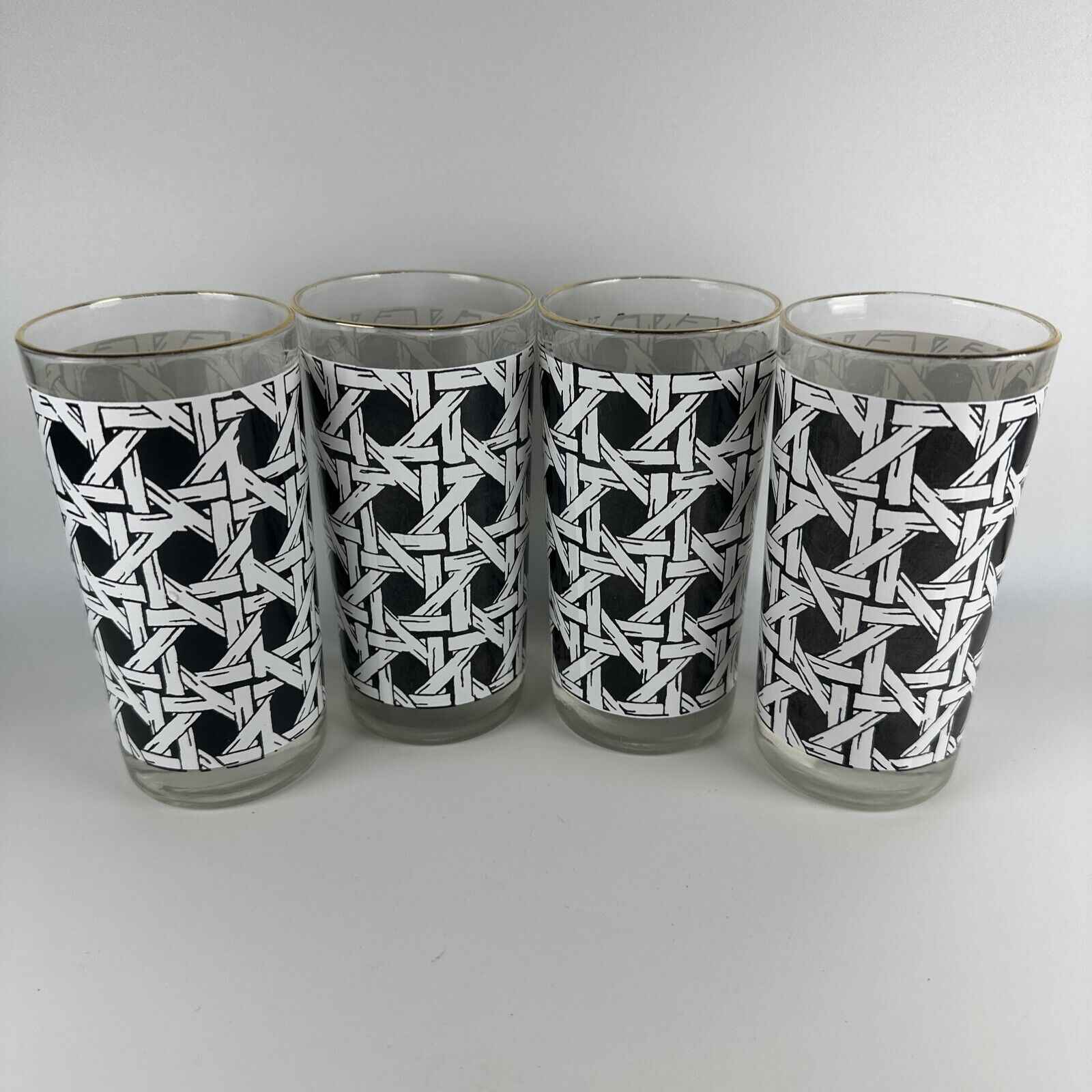 4 Vintage Georges Briard MCM Black & White Wicker Woven Pattern Glass Tumblers