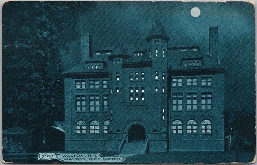Vintage 1916 Walton, New York Postcard WALTON HIGH SCHOOL Night View / Full Moon
