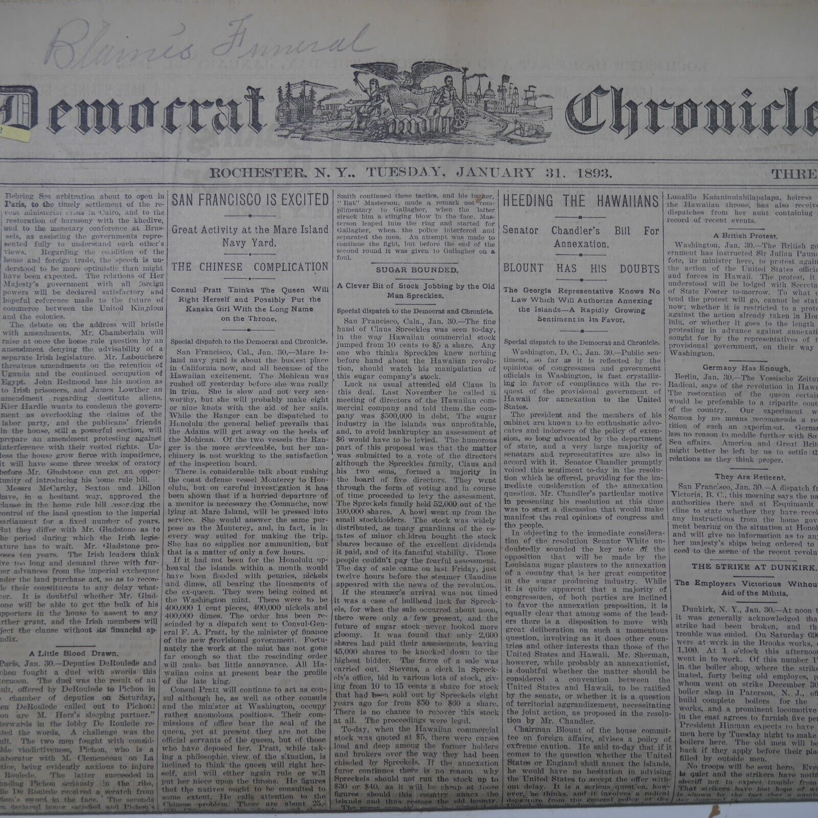 1893 Rochester Democrat Chronicle Newspaper NY James G. Blaine Hawaii Coup Jan.