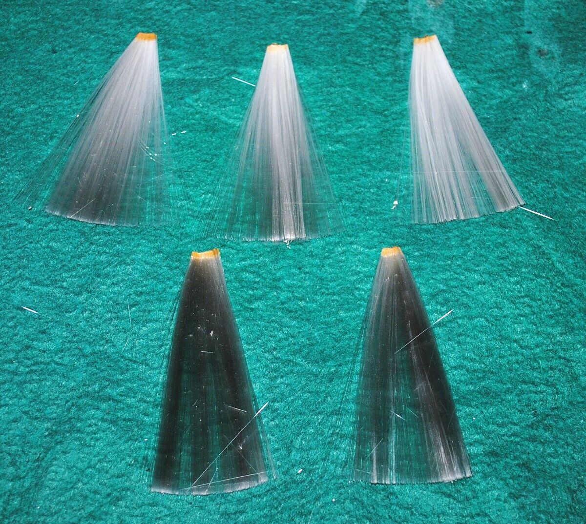 5 larger tails made of spun glass for birds, glass fibre, x-mas ornaments