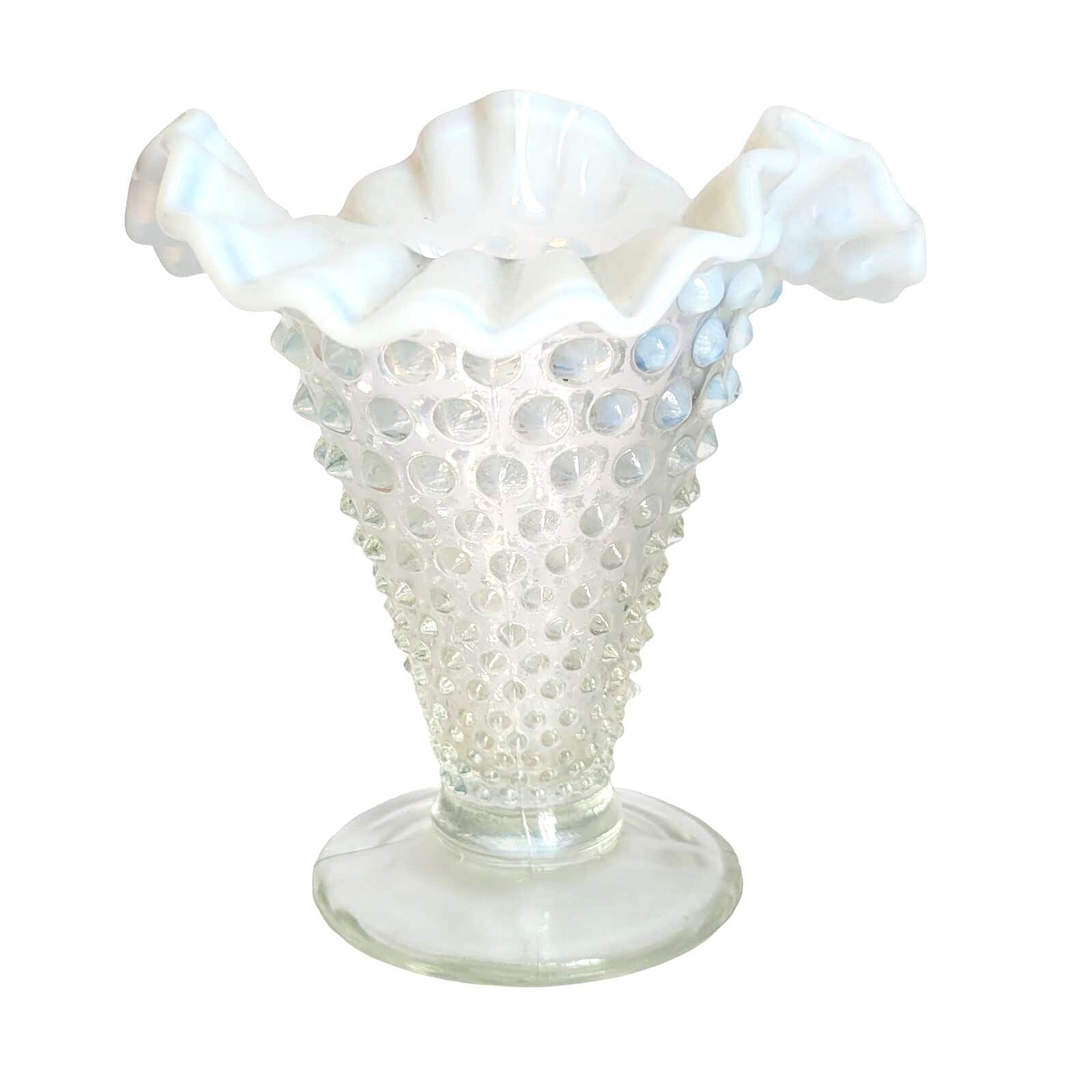 Vintage Fenton Vase Opalescent Moonstone Hobnail Double Ruffle Mid Century