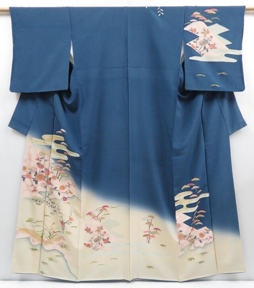 4003T05z780 Vintage Japanese Kimono Silk TSUKESAGE Chrysanthemum Steel blue