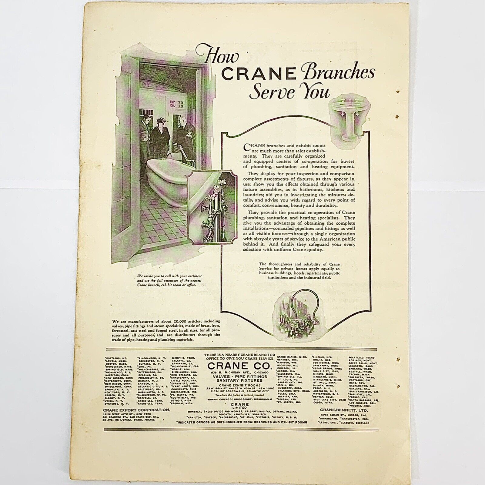Vtg 1920\'s Crane Company Sinks Tubs Bathroom Advertising Magazine Print Ad 8x6