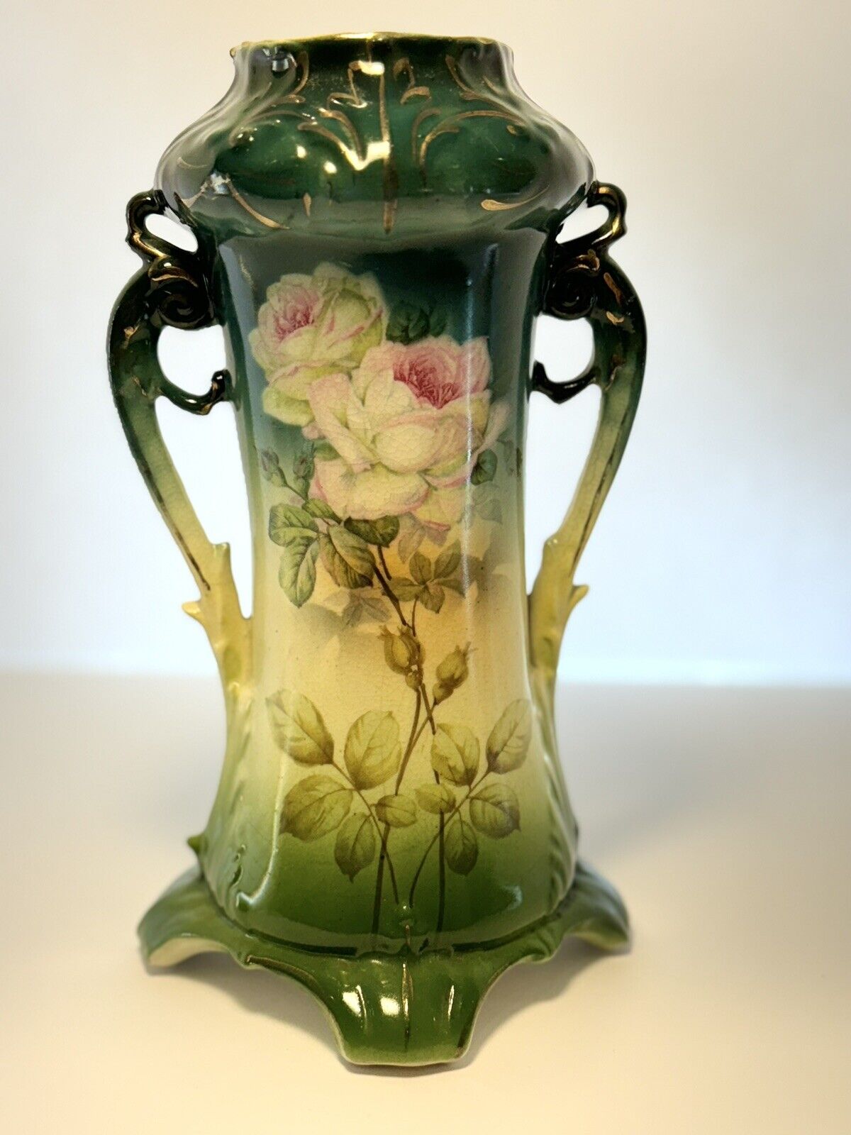 Antique Royal Bruxonia Austria Double Handled Wild Roses Vase Green Ombré #4030