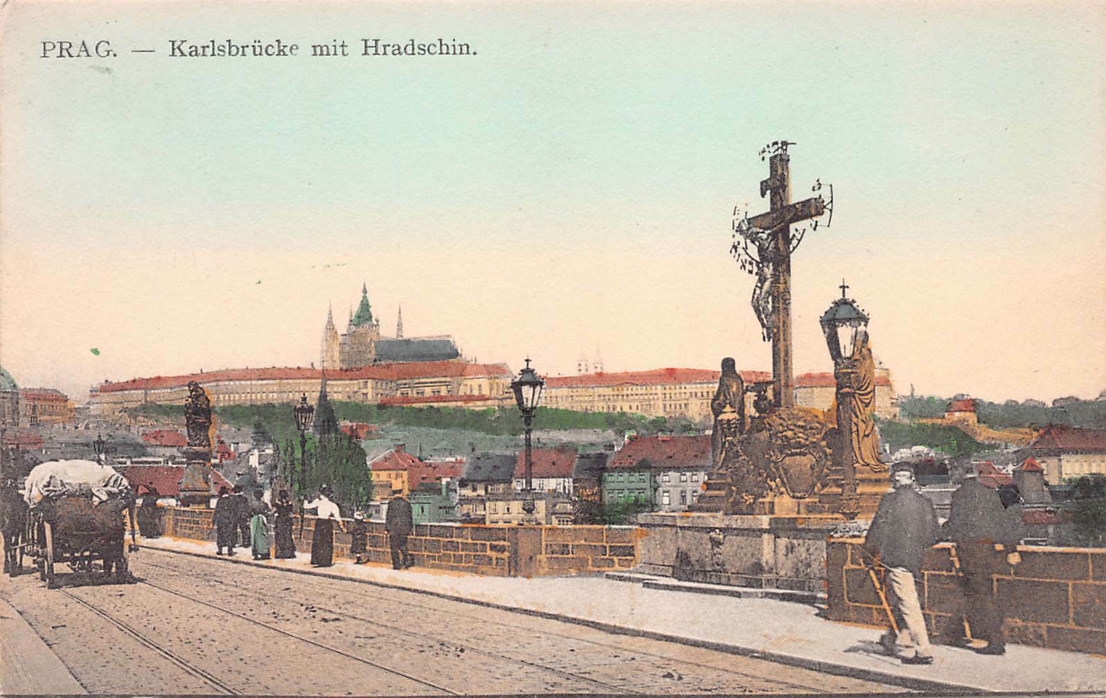 Karlsbrucke mit Hradschin, Prague, Czechoslovakia, Early Hand Colored Postcard