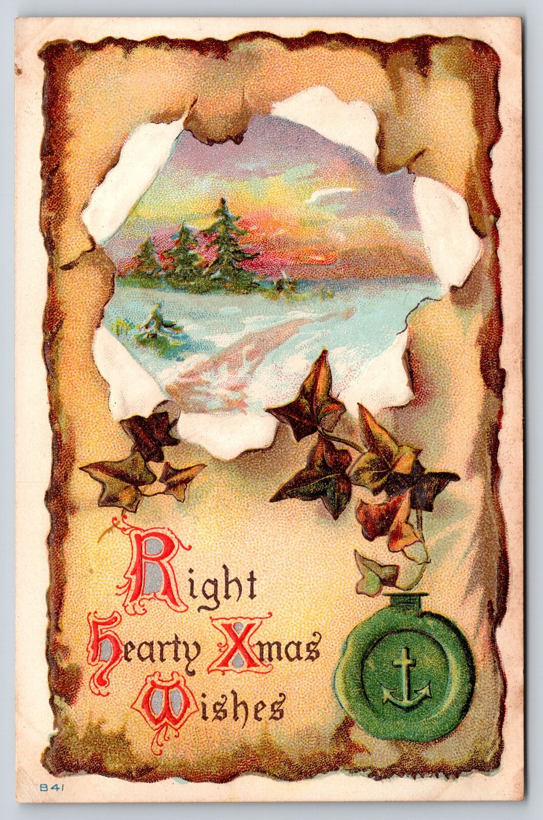 Holiday~Hearty Christmas Wishes~Winter Path W/ Ivy & Seal~Emb~Vintage Postcard