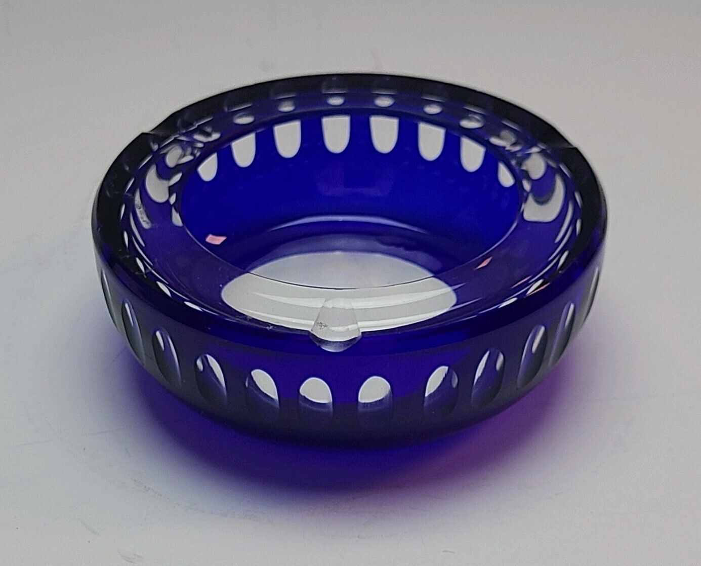 Vintage Czech Bohemian  Cobalt Blue Cut to Clear Ashtray Trinket Jewelry Bowl