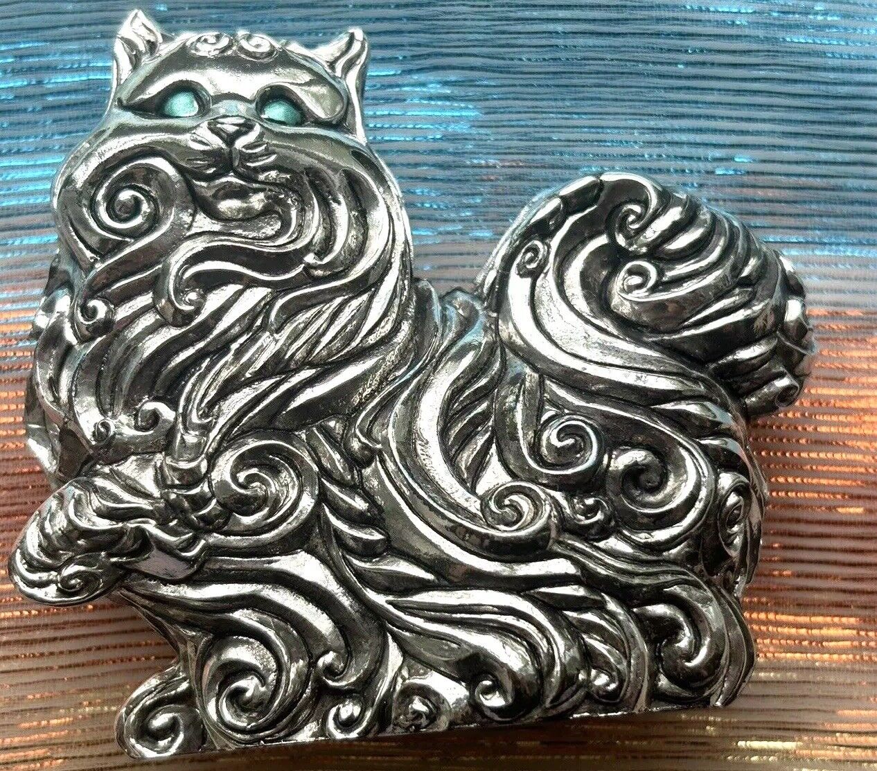 Vintage Franklin Mint Curio Cabinet Cat Paperweight Silver-tone Metal 1980's GUC