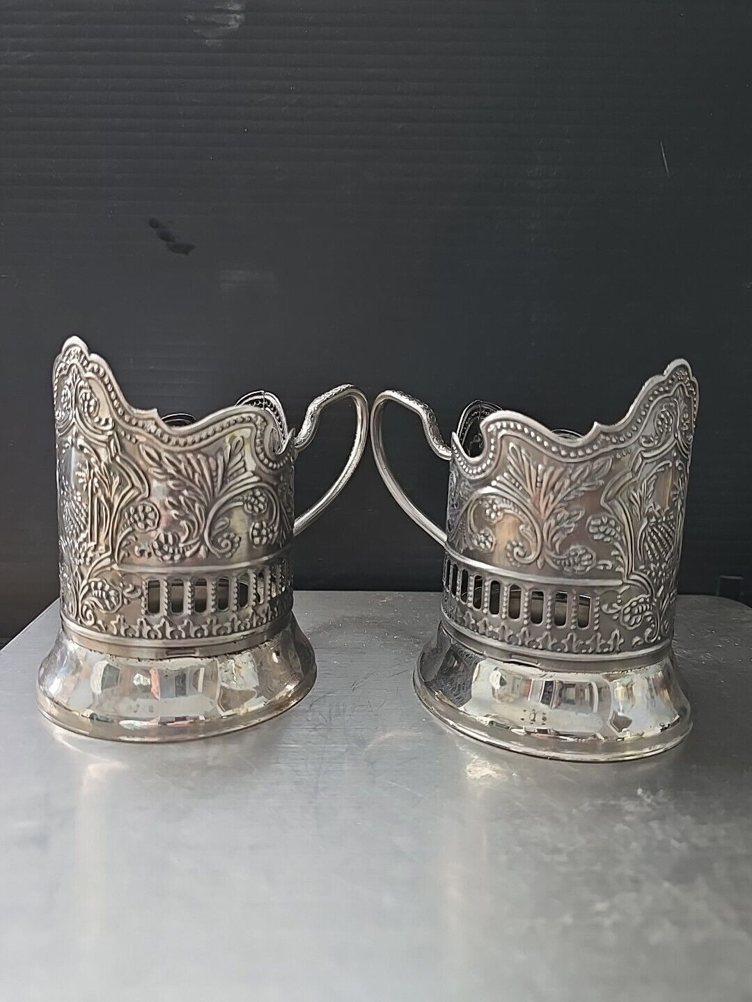 Set of 2 Vintage Russian Soviet Podstakannik Metal Tea Glass Holders ONLY Marked