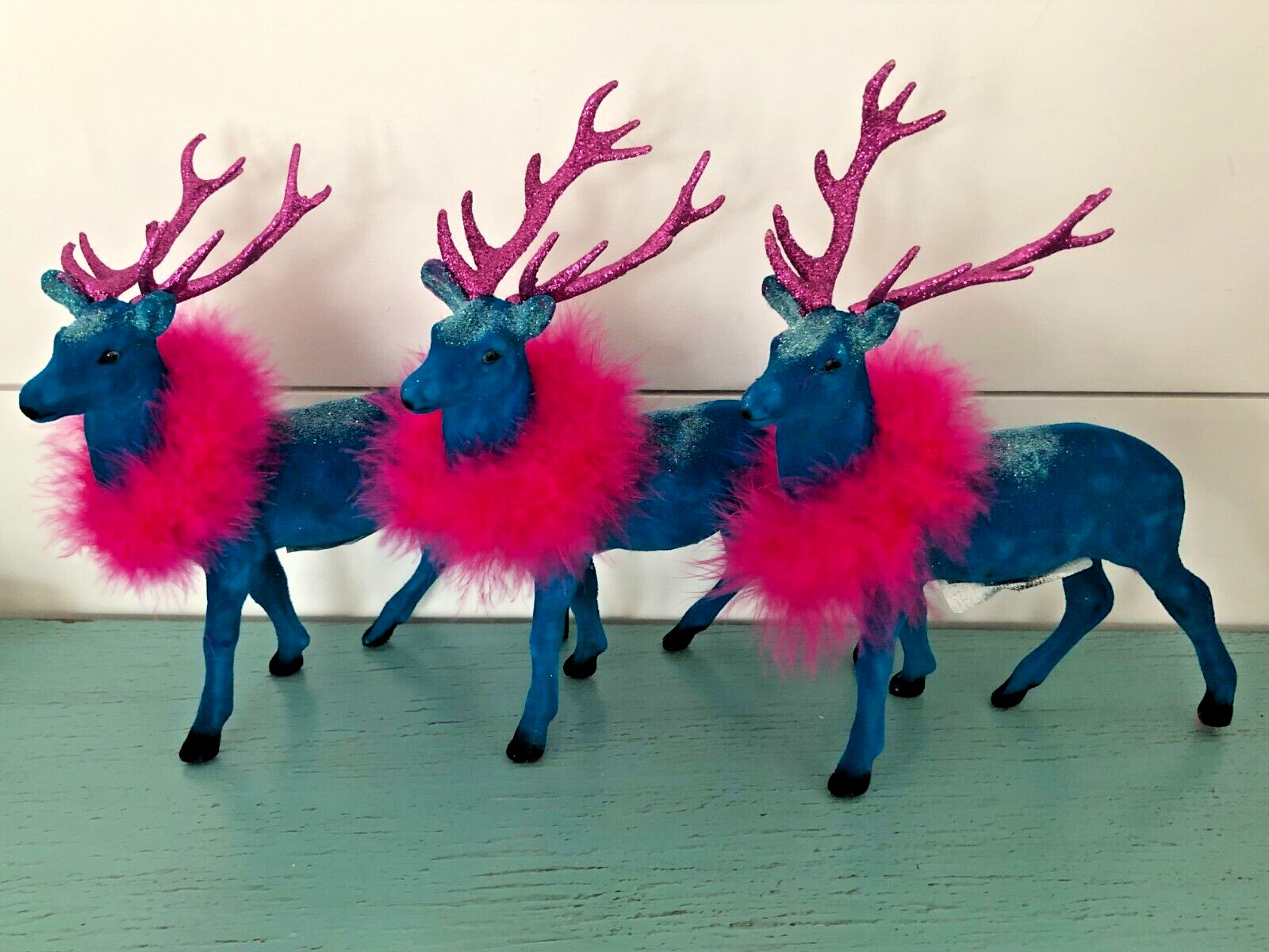 Flocked Christmas Deer Teal Stag Lot 3 Hot Pink Glitter