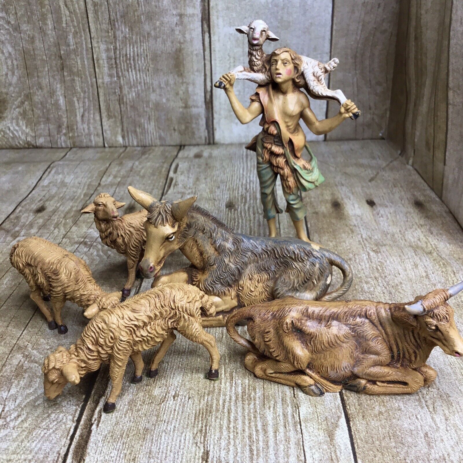 6 Vintage Fontanini Nativity Figures Shepherd Sheep Donkey Ox 5\