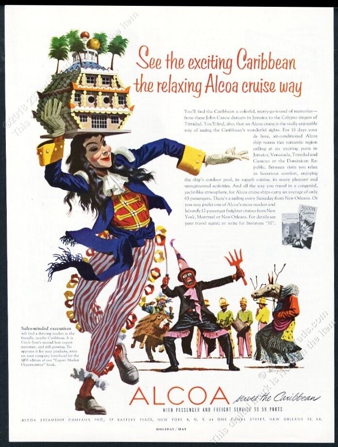 1955 Jamaica John Canoe dancers art Alcoa Steamship travel vintage print ad