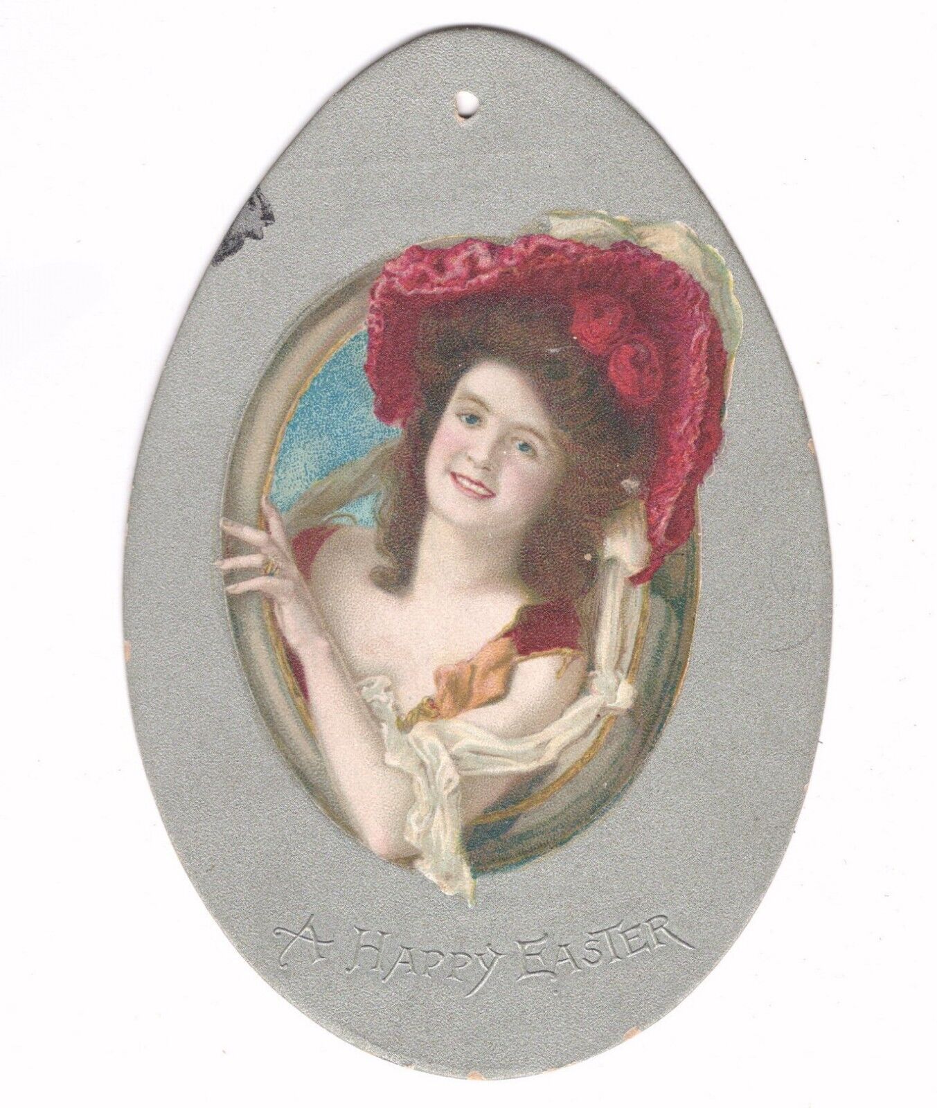 VICTORIAN DANCE CARD - A HAPPY EASTER - GIRL IN LARGE RED HAT EGG SHAPED UNUSED
