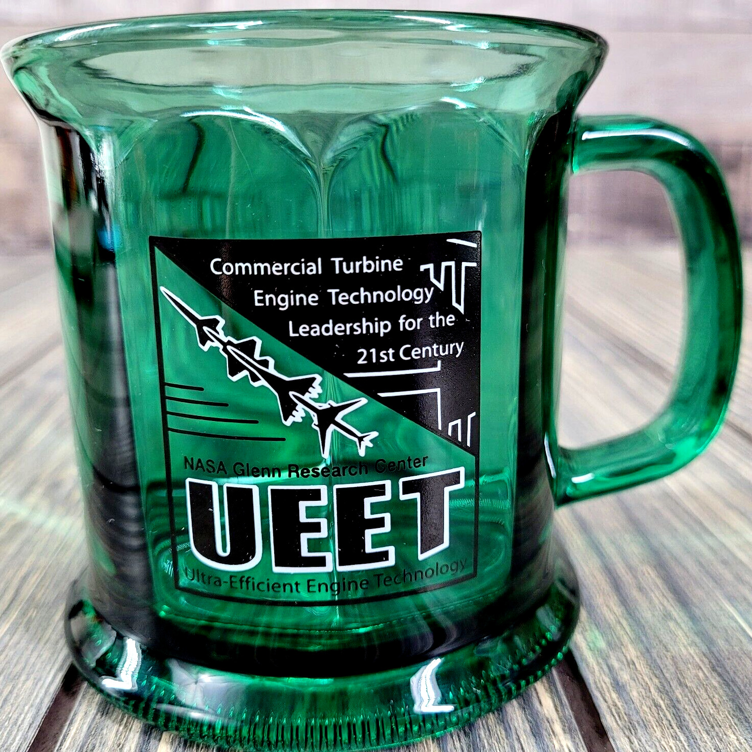 1990s NASA Coffee Mug UEET Program Employee Gift Glenn Research Green Glass EUC