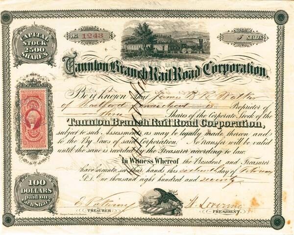 Taunton Branch Railroad - Stock Certificate - Railroad Stocks