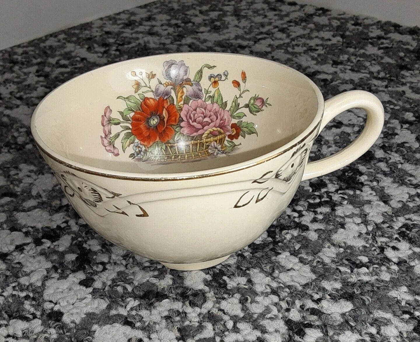 Vintage Porcelain Tea Cup Floral Bouquet Pattern Inside Gold Outside Footed