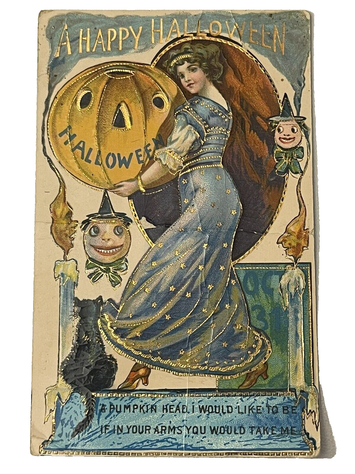Victorian Lady Holding JOL A Happy Halloween Postcard~Antique~Cat-Goblins~c1913