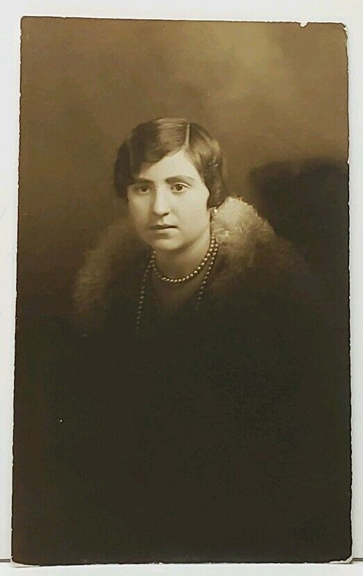 RPPC 1929 Lovely Lady Short Hair Peal Necklace French Real Photo Postcard I16