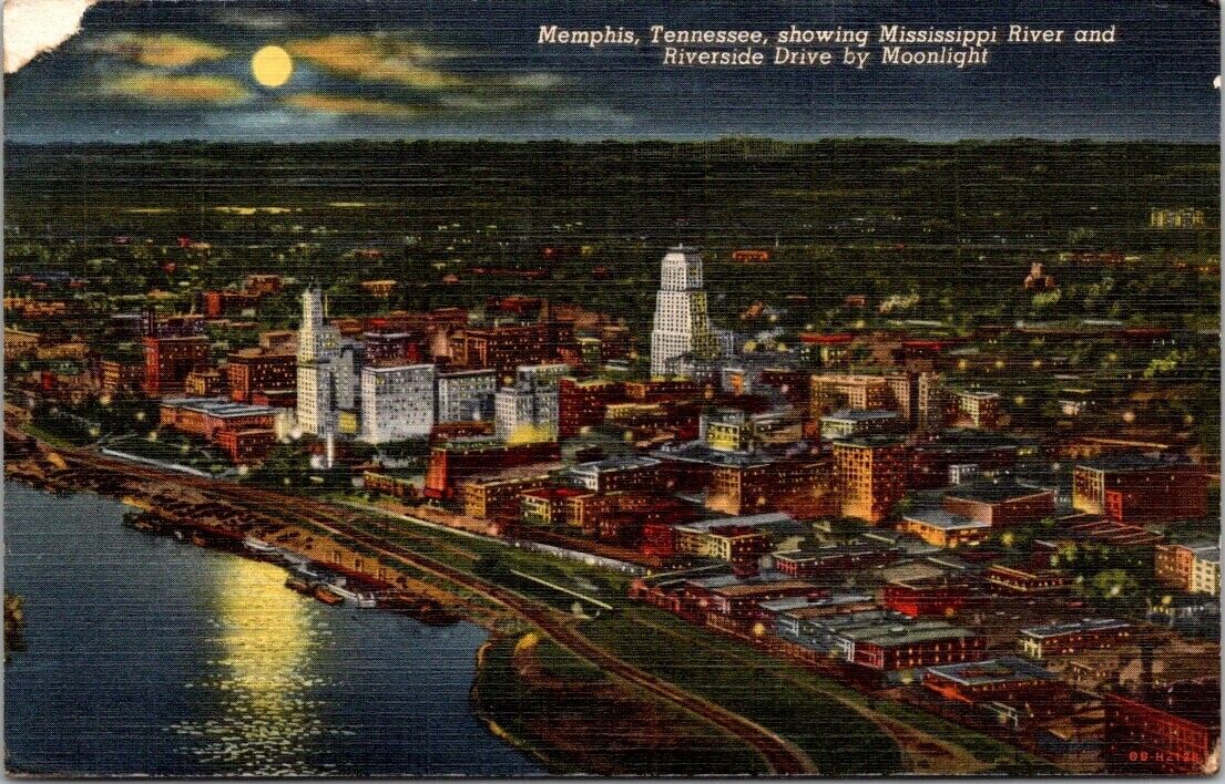 Memphis Tennessee Night Mississippi River Riverside Drive Moonlight VTG Postcard