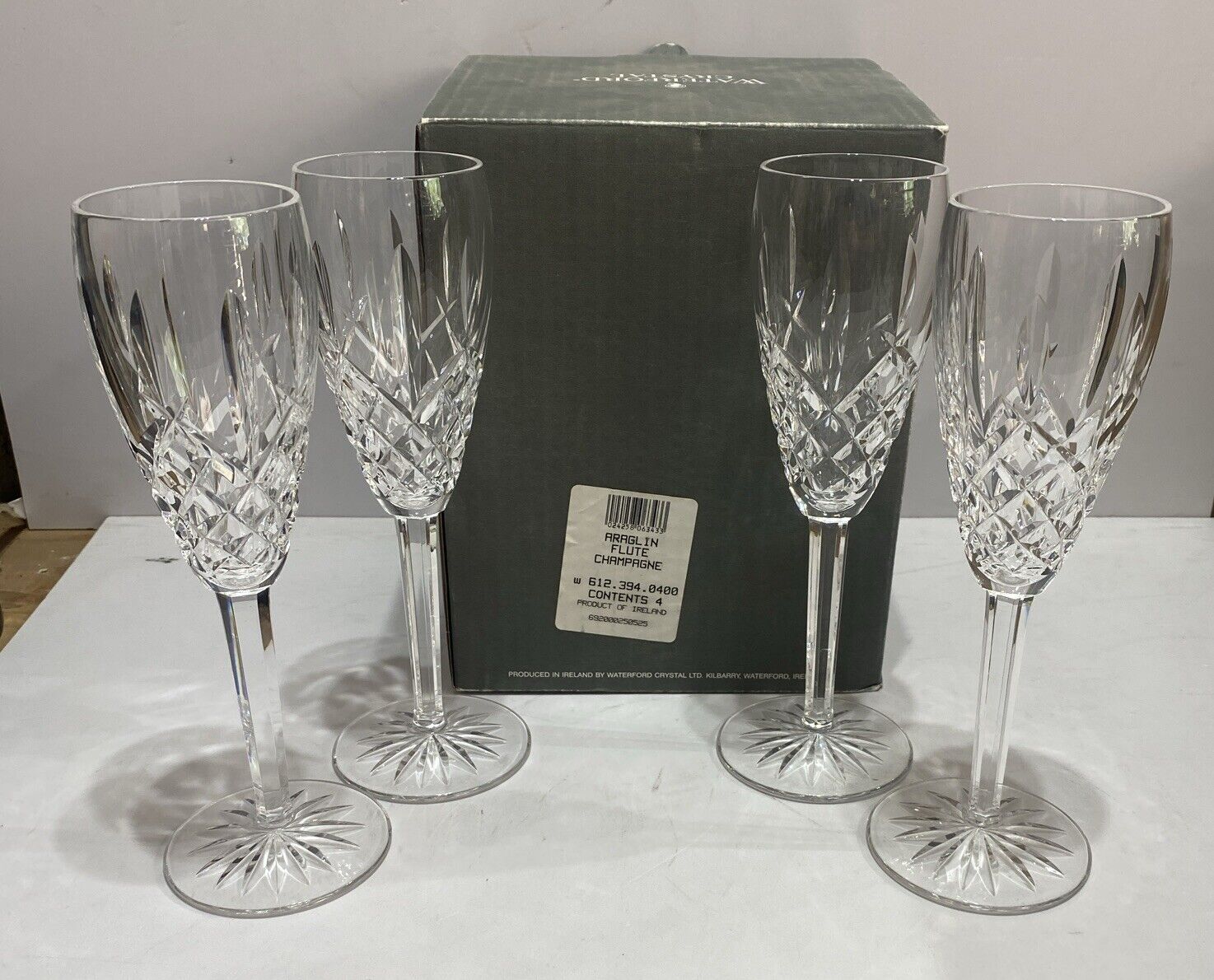Vintage WATERFORD ARAGLIN FLUTE CHAMPAGNE Crystal Glasses 8.5” Set Of 4 With Box